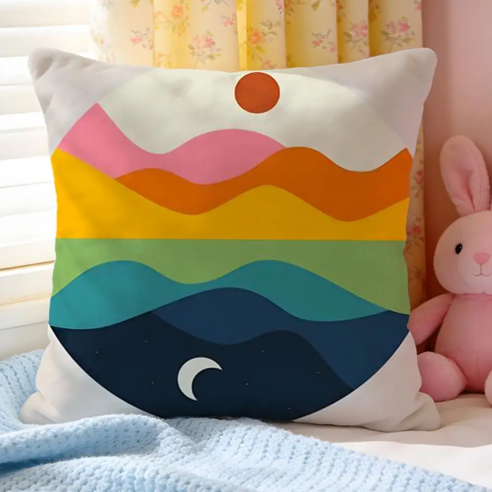 Cushion Cover Short Plush Throw Pillow Soft Washable Sofa Bed Office Cushion Classic Sunrise Cartoon