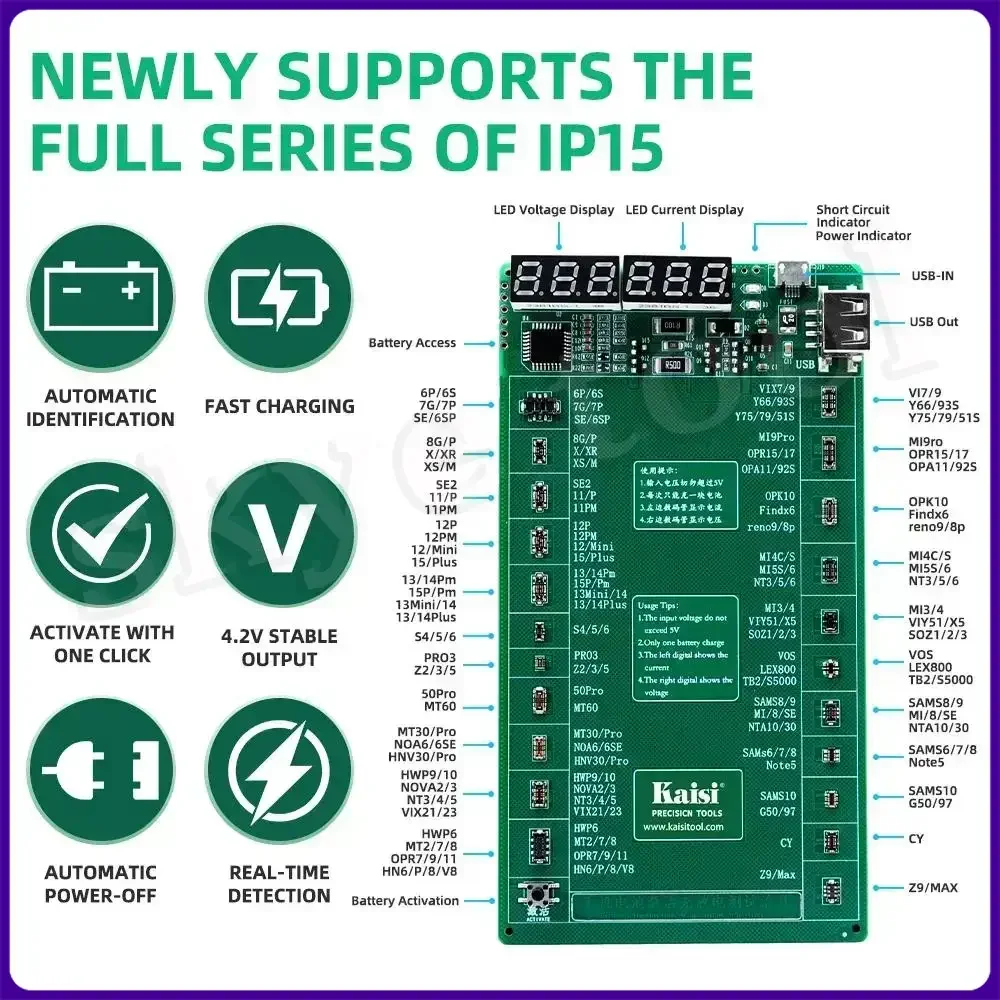 Kaisi K-9208 Battery Activation Detection Board Mobile Phone 6-15 Series And Android Battery Instruction Charging Jig Board