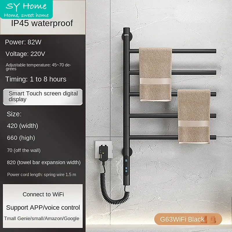 Carbon Fiber Electric Towel Dryer Intelligent Digital Display Wifi App Remote Control Nail-Free Rotatable Bathroom Warmer Rack