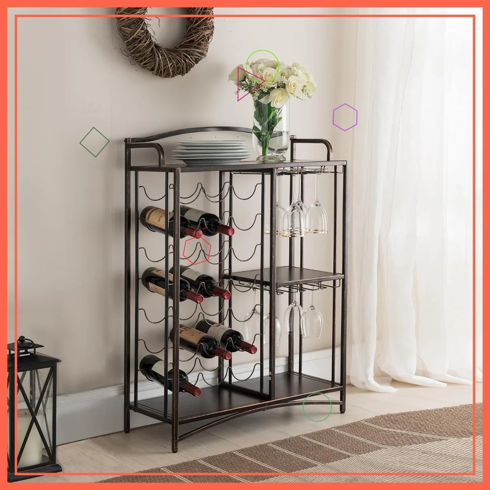 

Wine Rack Table Bar Cabinet with Storage Shelves, Holds 21 Bottles and Glass Holder - Durable Metal Design
