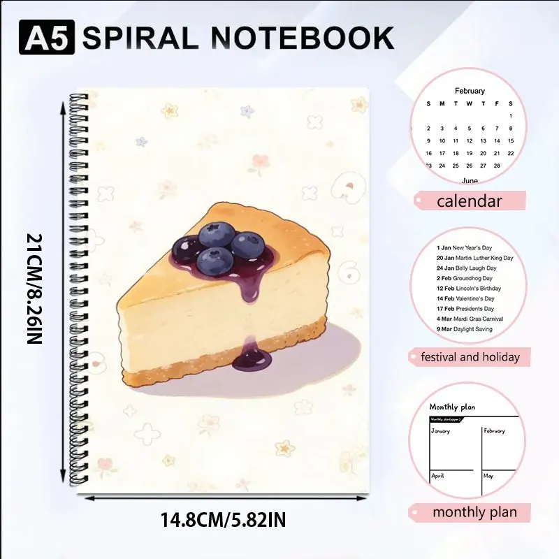 A5 Spiral Bound Notebook,  Planning Diaries Office Supplies Daily Use,Blueberry Cheesecake Themed Ideal for Holiday Gift Giving