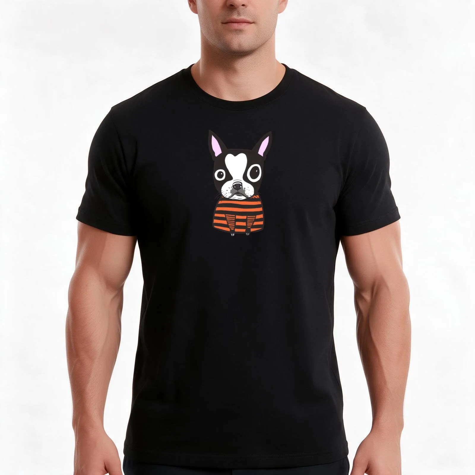 Boston Terrier Striped T-Shirt, Summer Casual Cotton Tee, Oversized Streetwear Tops, Vintage Graphic Print, Unisex Men Women