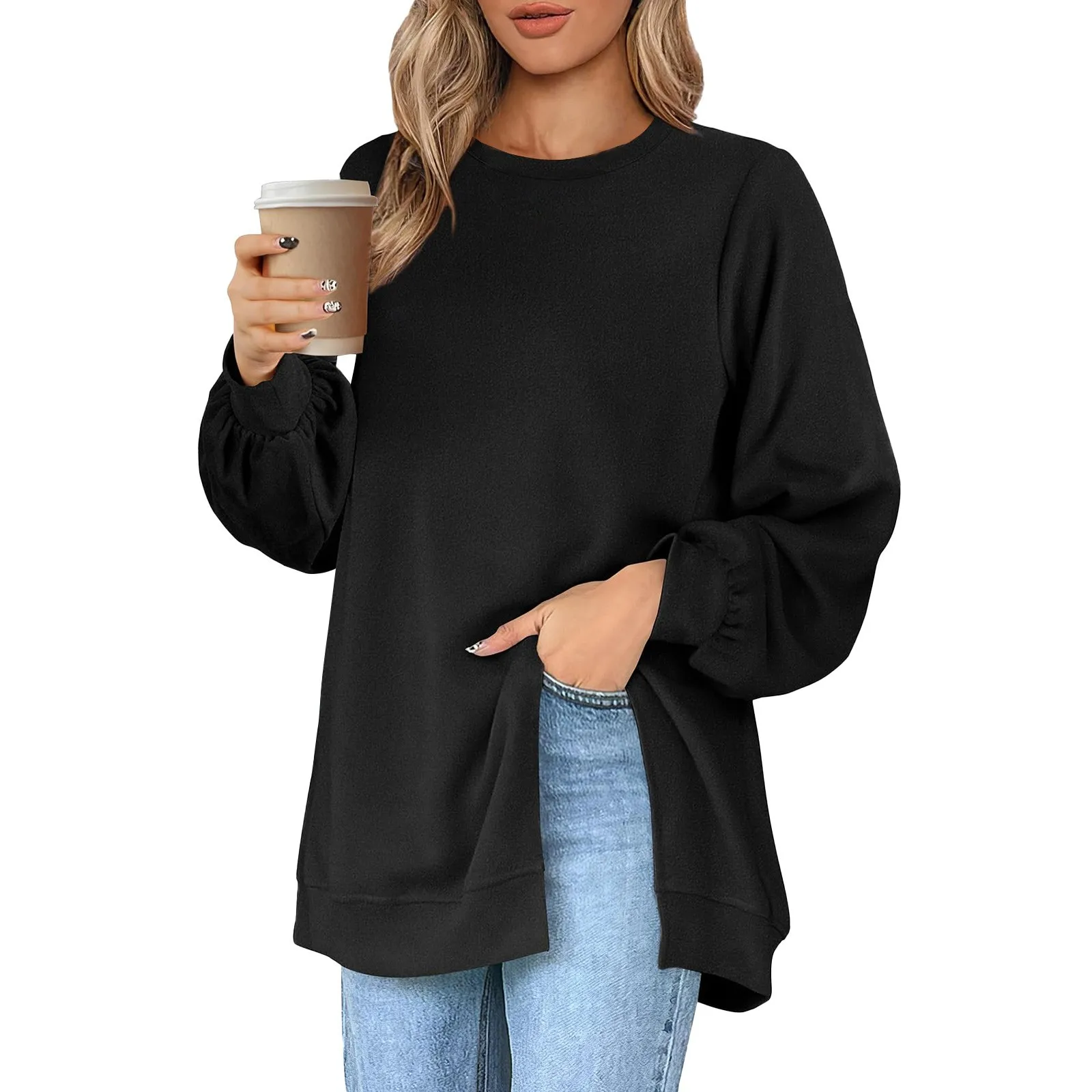 Harajuku Style Solid Color Fashion Round Neck Button Split Sweatshirt Basic Streetwear Loose Long Sleeve Top For Girls