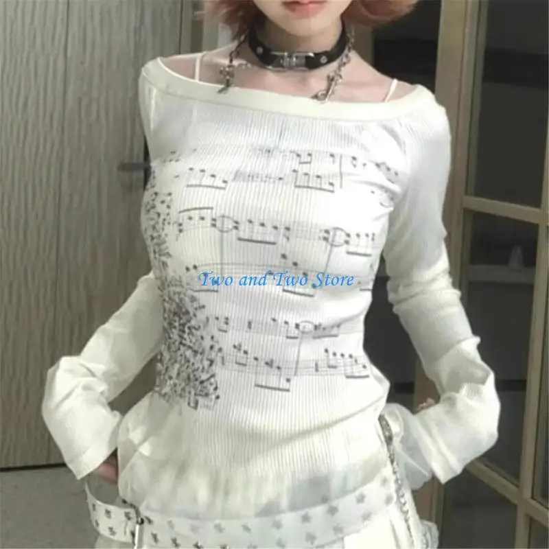 HX6F Aesthetic Musical Note Print Long Sleeve T-Shirt Soft Fabric Comfort Top for Women