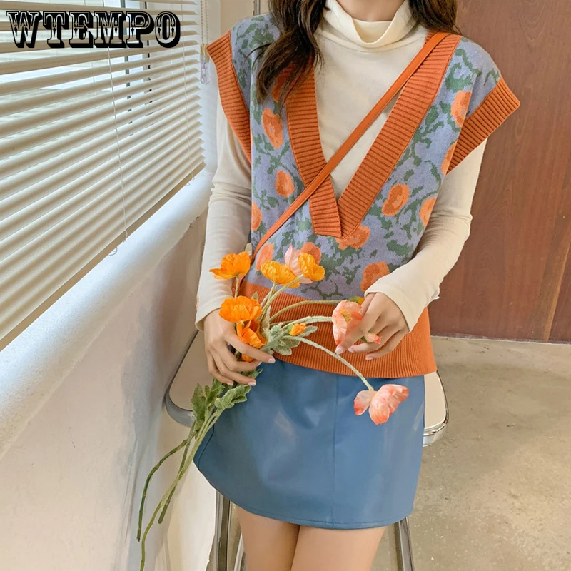 Floral Sweater Vest Women Autumn Winter Fashion Knitted Vest Sleeve Jackets V Neck Woman Pullover Jumper Girl Sweater Wholesale