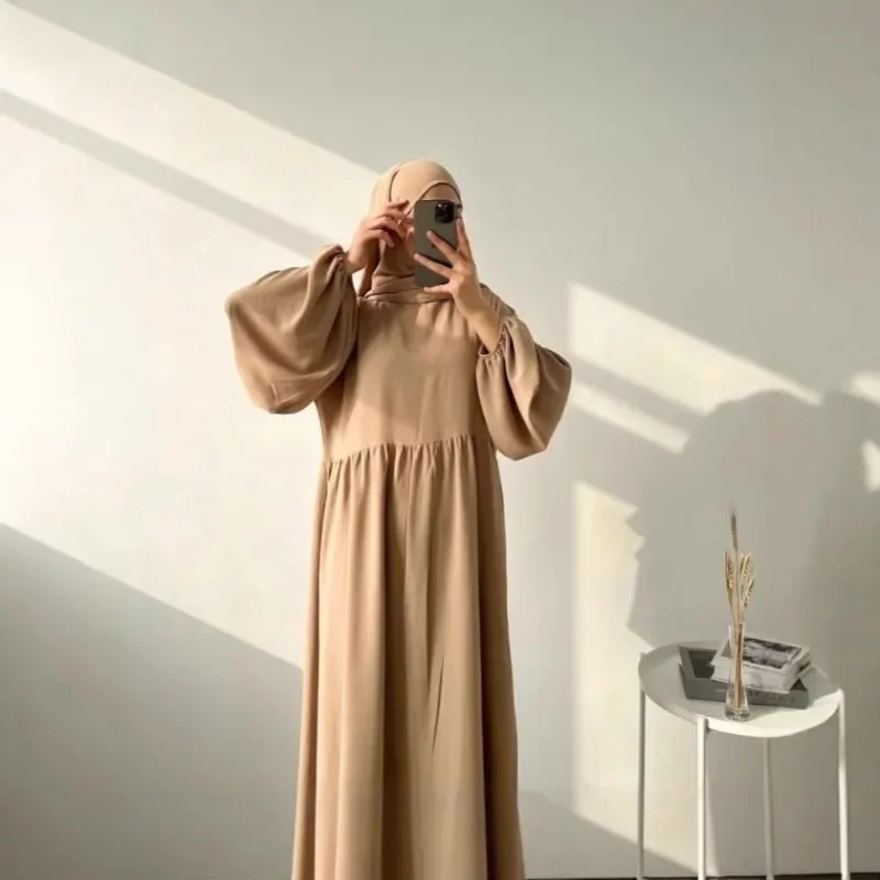 

2025 жесткая рабочая мусульманская однотонная модная женская одежда, однотонное плиссированное свободное платье с платком, двухслойный чехол P333