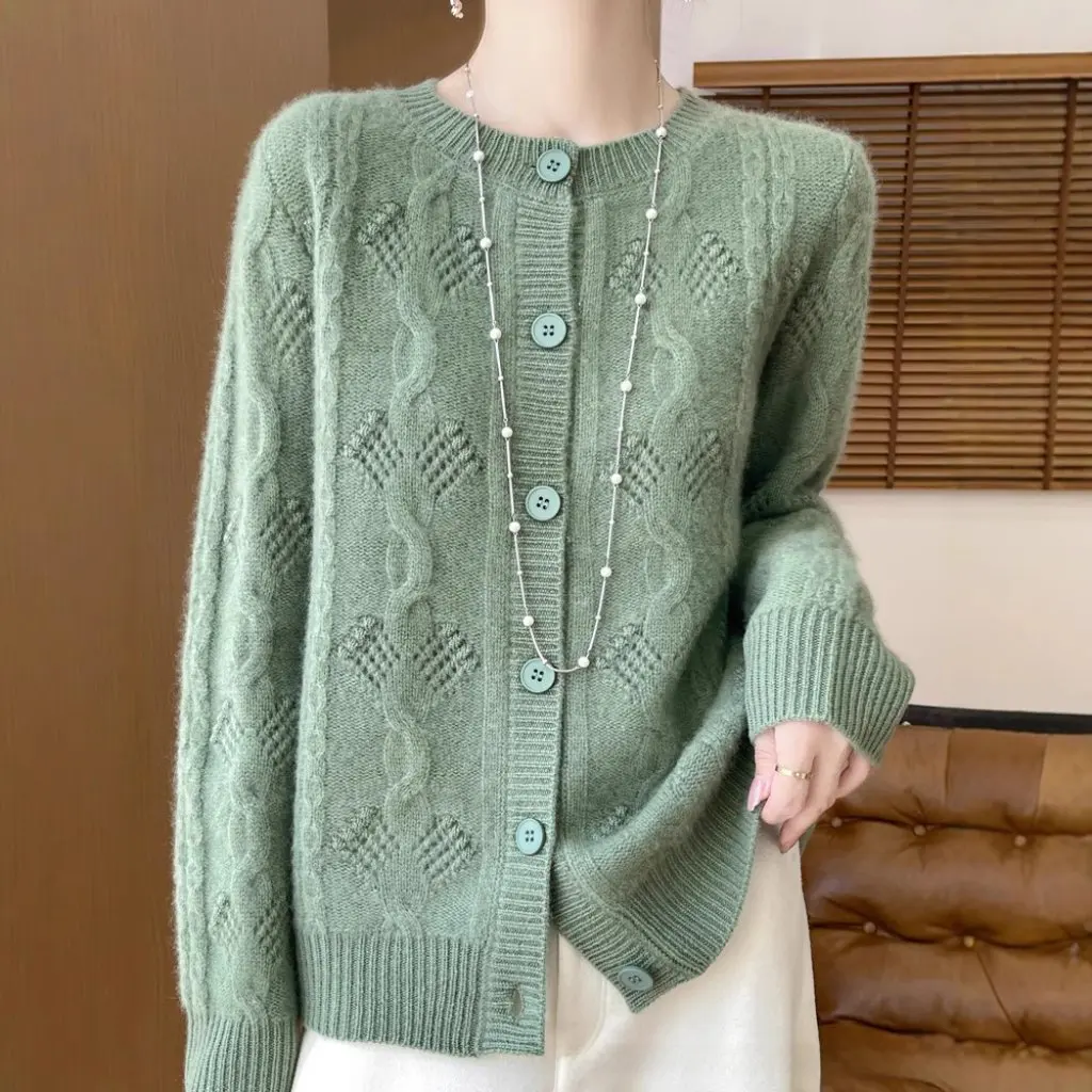 

Women's Elegant Pure Color Crewneck Knitted Cardigan Long-Sleeved Autumn Winter Maillard Color Wool All-Match Hollow-Out Top