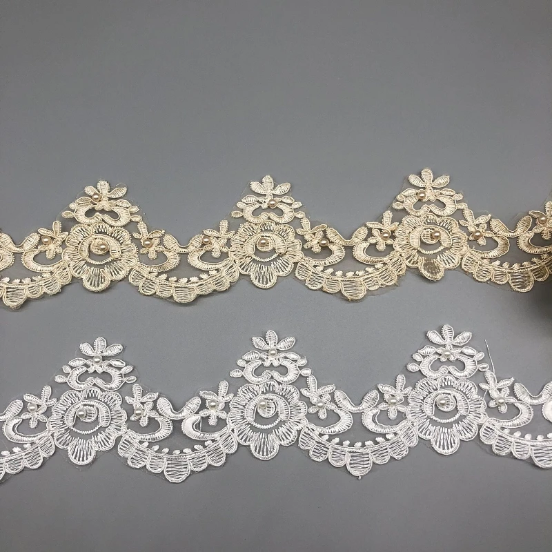 30Yards Pearls Beading Lace Trim Tulle Embroidery White Khaki Lace Fabric for Wedding Sewing