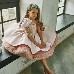 Jill Wish J148 Luxury Elegant Pink Flower Girl Dress Bow Sequined Blue Princess Gown for Kids Wedding Birthday Communion Party