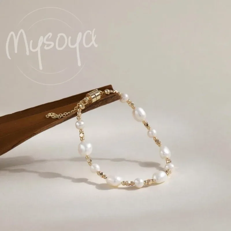 

MYSOYA 8-9mm Natural White Freshwater Pearl Bracelet With Gift Box Perfect Wedding Birthday Jewelry Gift For Women And Men