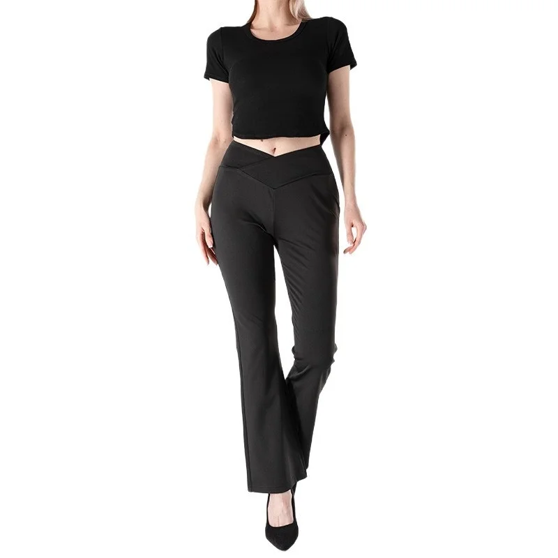 

Bootcut Pants Low Waist Women Athletic Waffle Wide Leg Spring Chain Airy Flared Gradient Splicing Diamond Encrusted Commuting GF
