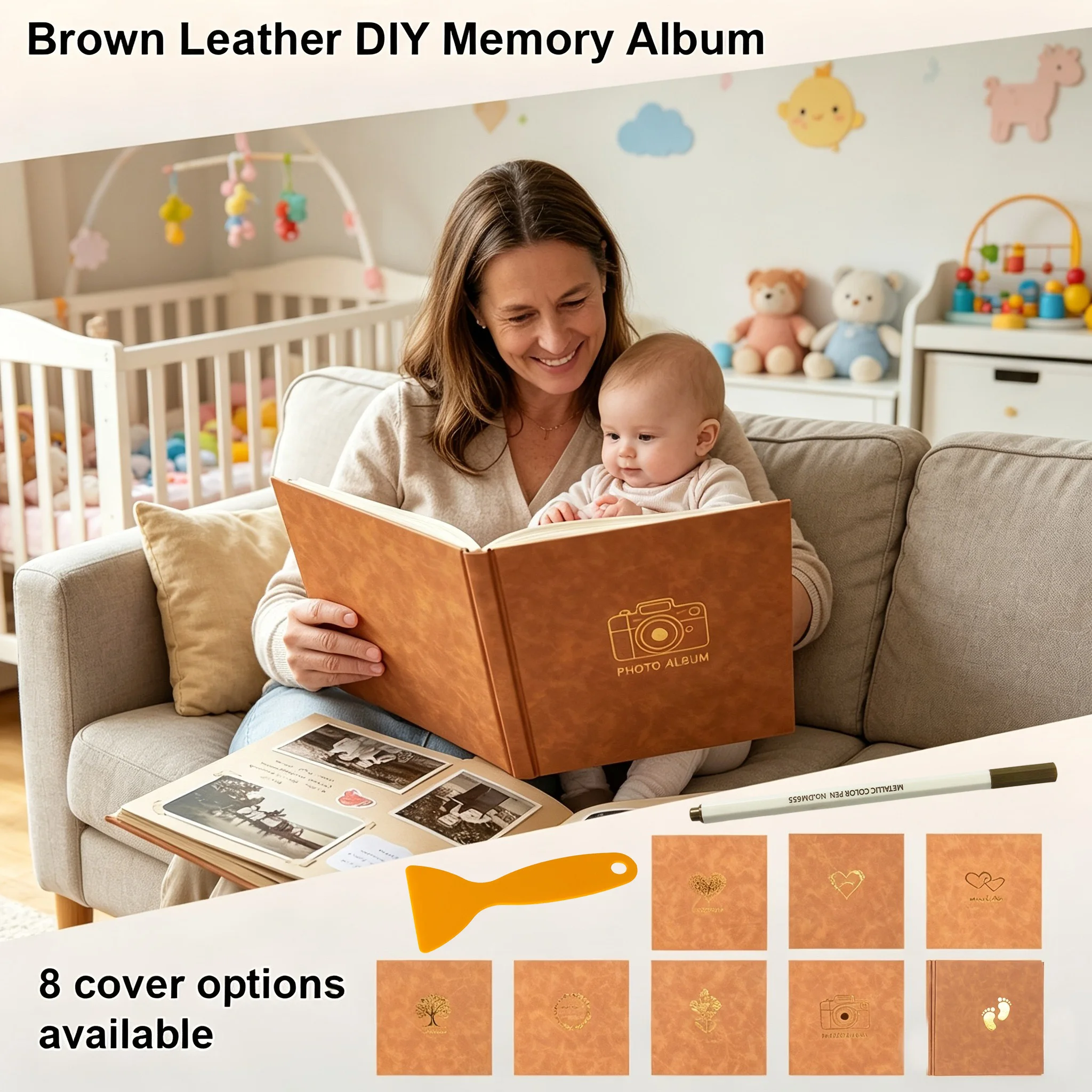 Brown PU Leather Scrapbook 16 Inch 20 Sheets 40 Pages, 8 Gold Foil Designs Baby DIY Memory Album with Pen & Scraper Tool