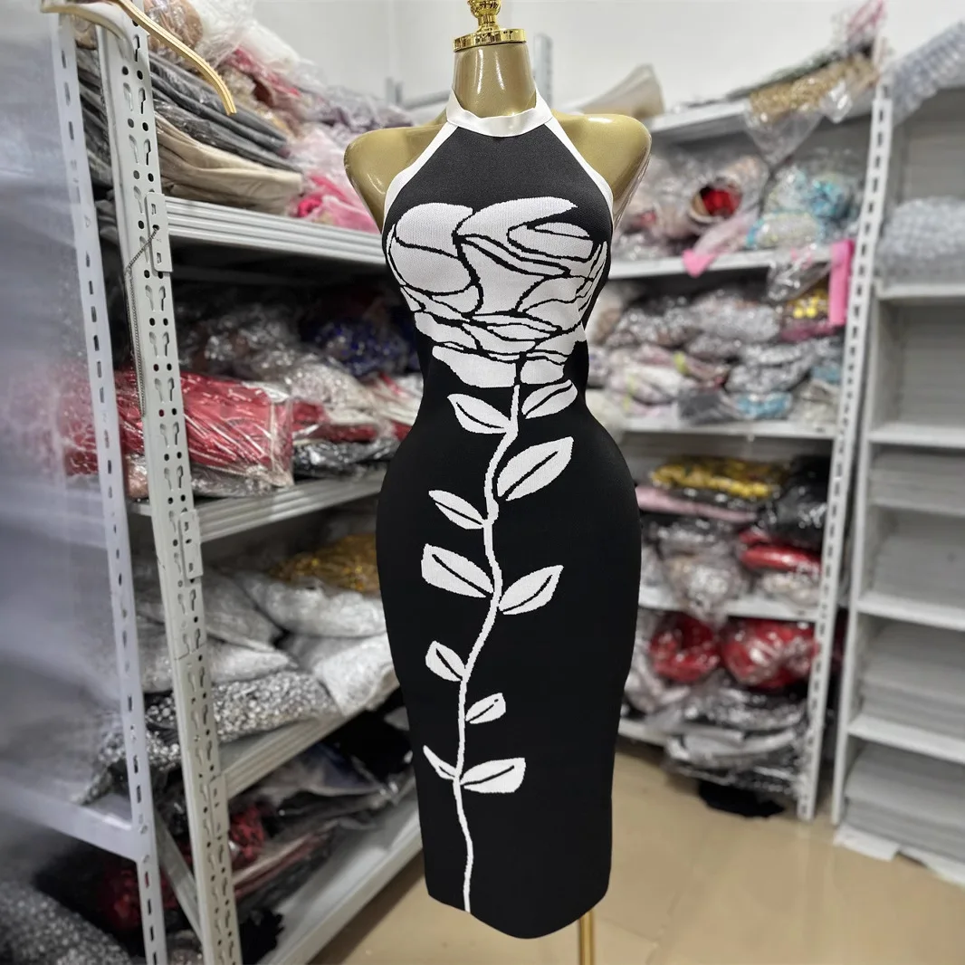 

Women Rorse Knitted Bandage Dress Elegant Halter Backless Midi Calf Celebrity Evening Club Party One Piece Gala Dresses