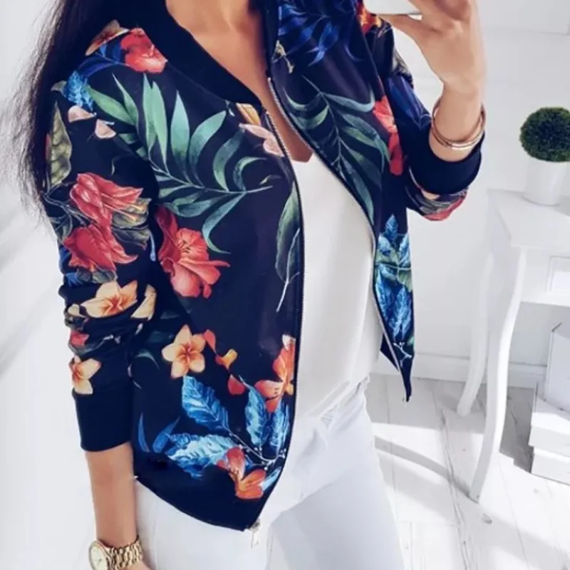 Women Jacket Elegant Navy Blue Print Sports Long Sleeve Baseball Jacket Zip Stand Collar Coat Autumn Woman Clothing Short Styles