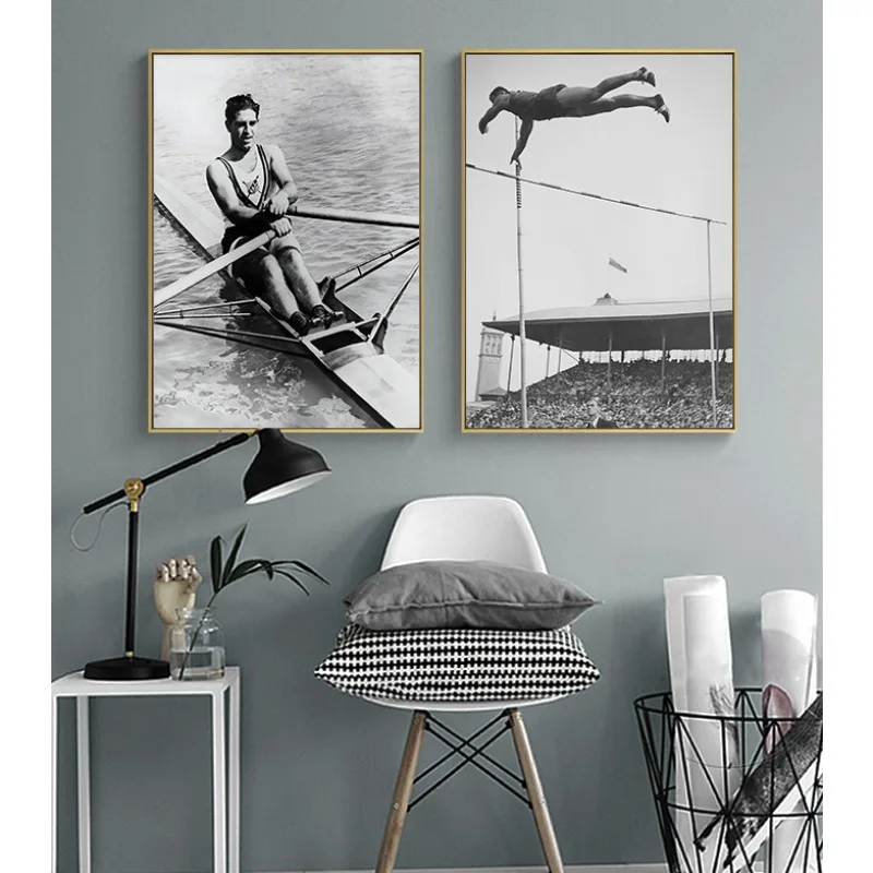 Vintage Black and White Sports Photo Poster Tennis Rowing Diving Motorcycle Canvas Art Picture Simple Living Room Home Decor