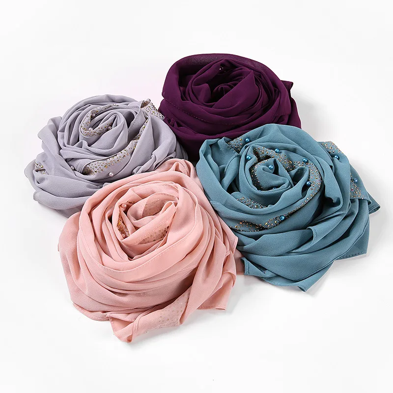 72*175 CM Een Nieuwe Maleisische Etnische Parel Chiffon Hoofddoek met Een Enkele Kleur en Een Moslim Mode Reliëf diamant Hoofddoek