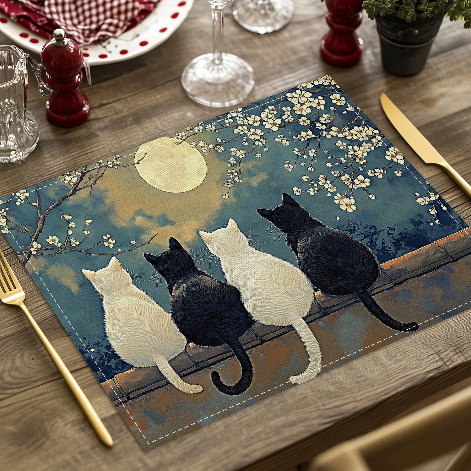 VIKAMA Black Cat Moon Flower Placemat Linen Heat Resistant Dining Table Mat for Kitchen Kawaii Home Decor