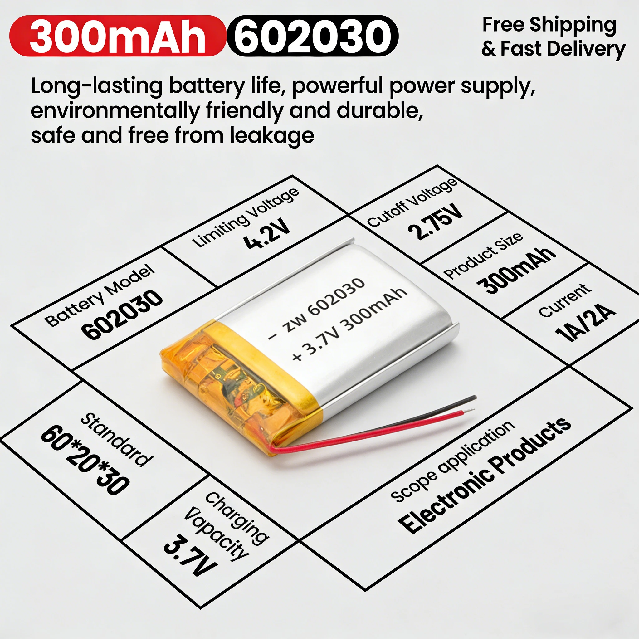 

3.7V 300mAh 602030 Lithium Polymer Battery Li-Po Rechargeable Cell for TWS Earphone Charging Case Bluetooth Speaker 1-10pcs