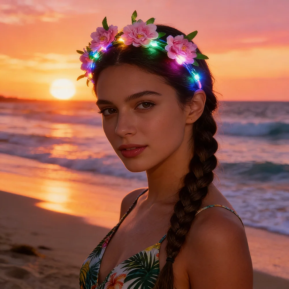 LED Flower Wreath Headband Light Up Peony Flower Crown Hairband Shining Headwear For Wedding Party Beach Hair Accessories