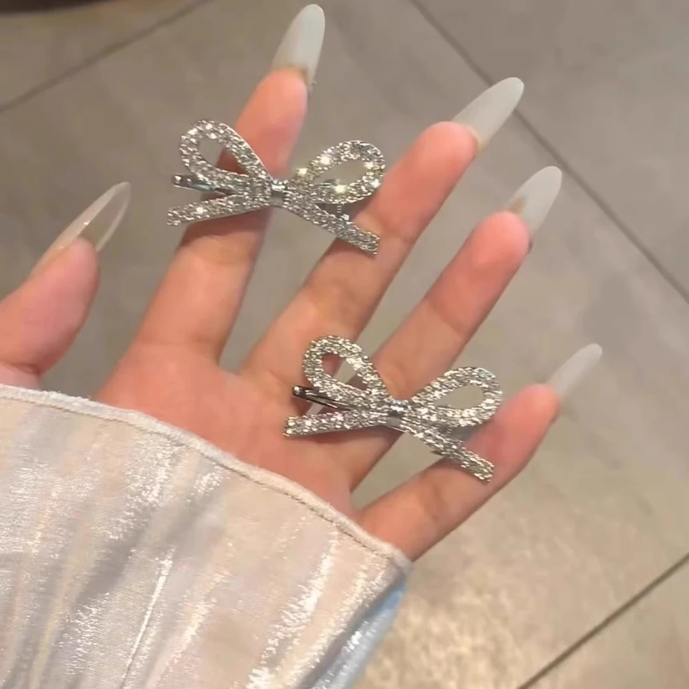 

Full Rhinestone Bow Hair Clip Elegant Side Bangs Barrette For Women Silver Alloy Duckbill Clamp Kawaii Hair Accessories
