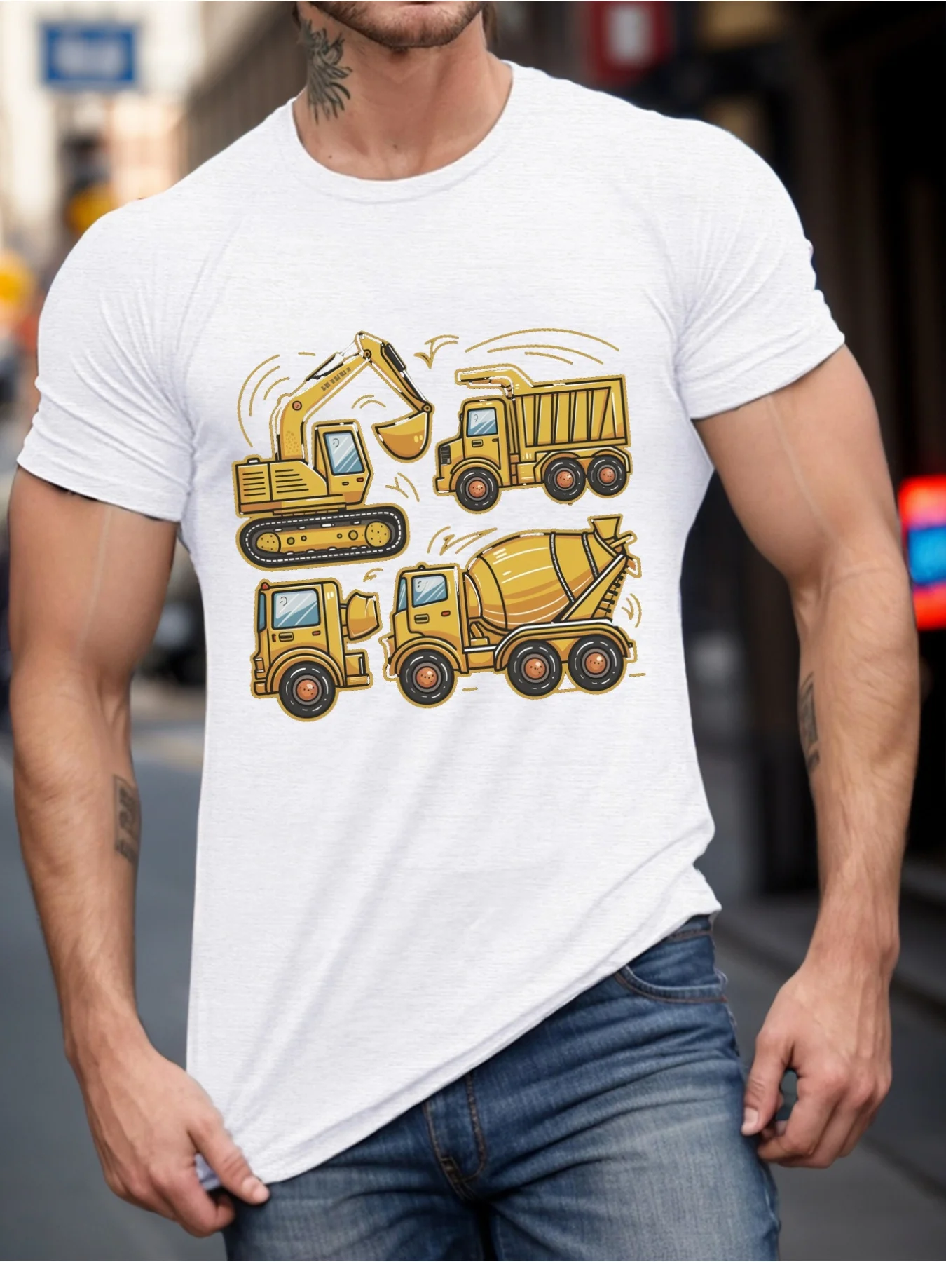 Men's Big & Tall Construction Vehicle T-Shirt - Heavy Graphic Tee With Excavator & Dump Truck Print, Round Neck Short Sleeve Shi