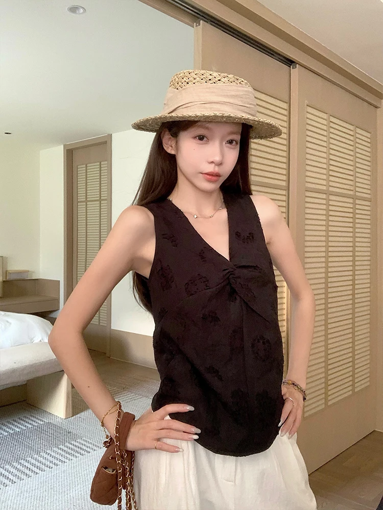 MosesQueen Black V-Neck Twist Knot Backless Top Women's Fashion Design Hollow out Neck Hanging Strapless Vest Summer 2026
