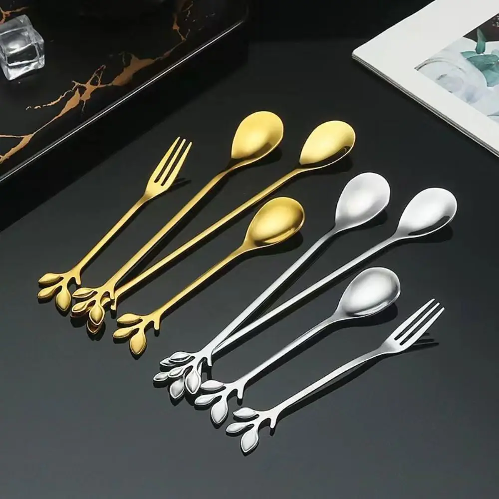 Stainless Steel Water Cup Stirring Spoons Leaf Shape Golden Silver Coffee Spoon Long Handled Dinnerware Grapefruit Spoons Fork