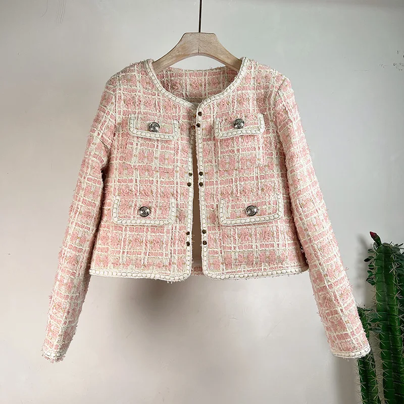 

Runway Fall Spring Vintage Blue Pink Woolen Tweed Jacket Women Luxury Pocket Design Coats Female Casacos Blouse High Quality