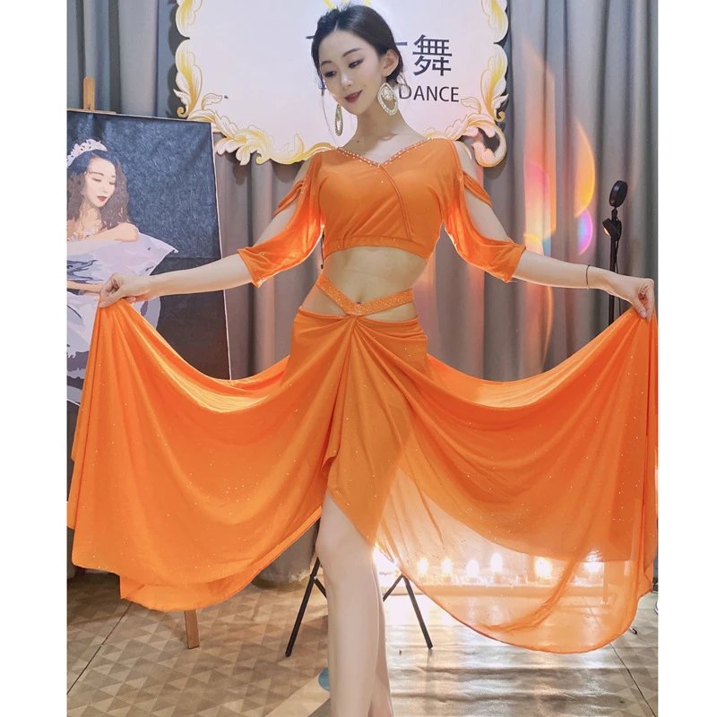 Oriental Belly Dancing for Women Wear Outfit Belly Dance Costume Set Mesh Long Sleeves Top+gauze Long Skirt 2pcs Training Set