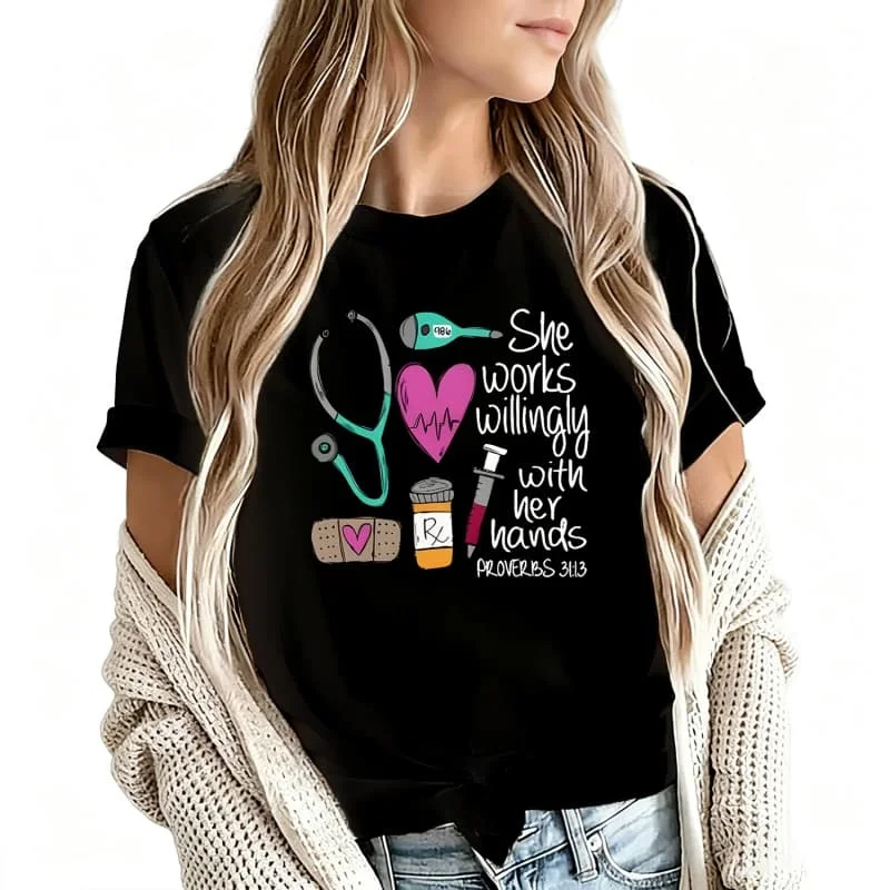 She Works Willingly with Her Hands Women's T-Shirt 100% Cotton Funny Graphic Short Sleeve Tee Novelty Shirt Casual Crew Neck Top S-5Xl