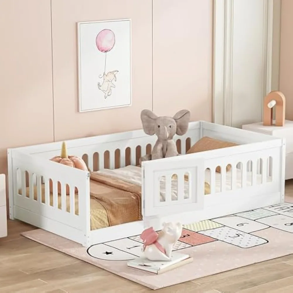 

Twin Size Floor Bed with Slats, Solid Wood Bede with Heightened Safety Guardrails and Door, for Girls, Boys, Teens, Child Bedroo