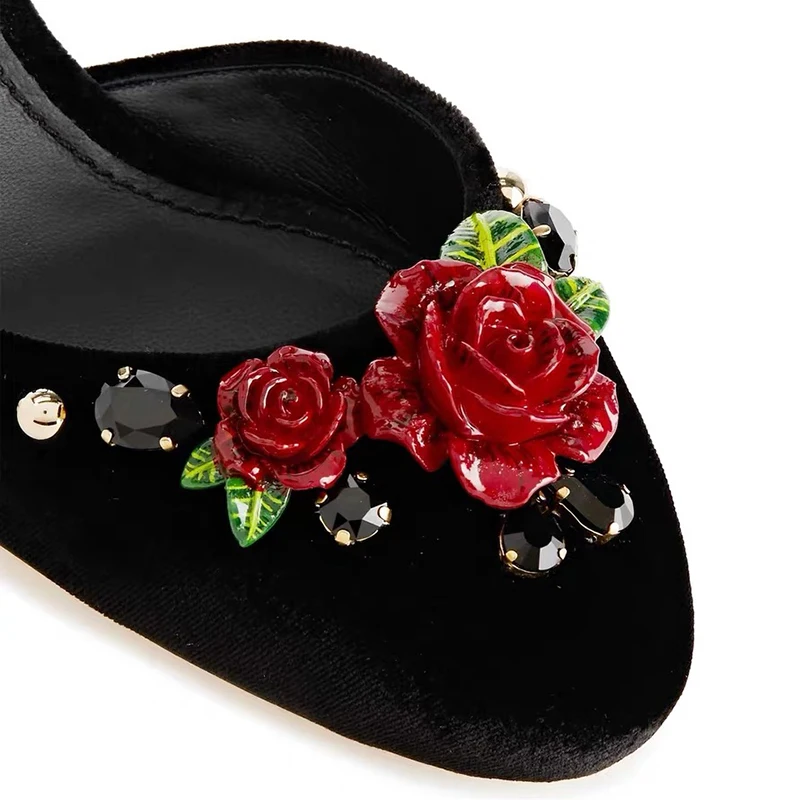 Summer Designer Rhinestone Rose Embellished Velvet Buckle High Heels Pumps Buckle Hollow Retro Rivet Luxury Mary Janes Shoes