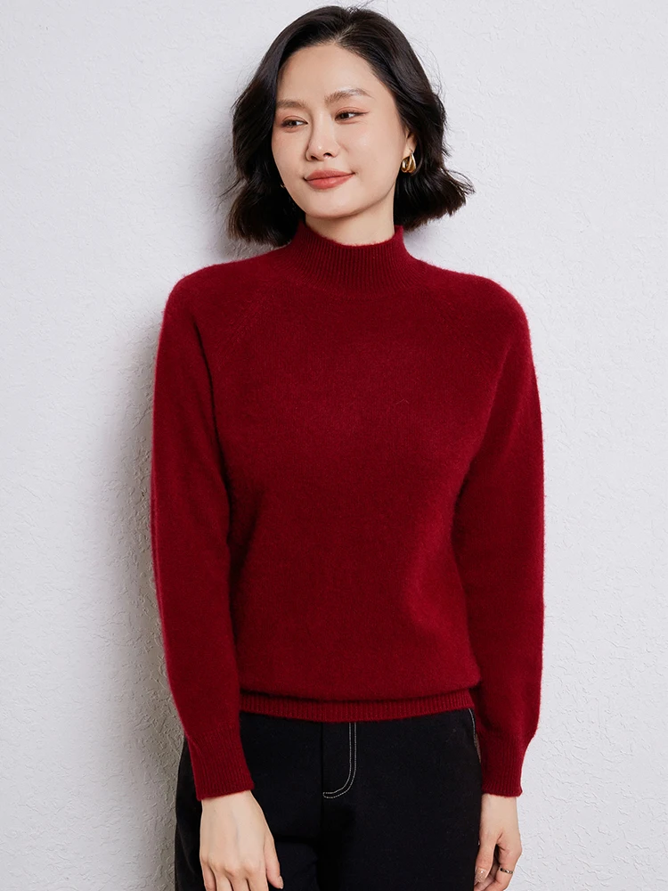 Autumn Thicken 100% Pure Wool Sweaters Women\'s Semi-Turtleneck Knitted Pullover Casual Loose Long-Sleeved Jacket New Base Shirt