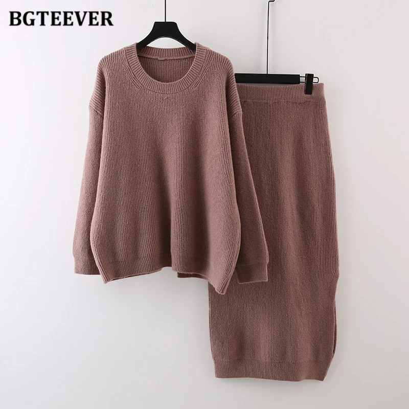 BGTEEVER Autumn Winter Warm Ladies Knitted Skirt Set O-neck Long Sleeve Sweaters Jumpers Women Straight Split Skirts