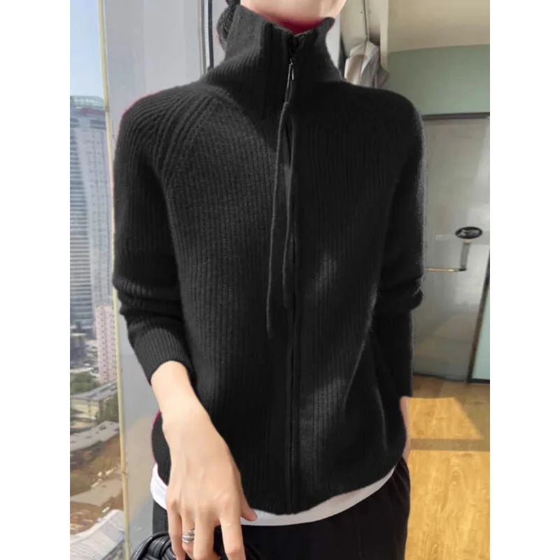 

Женский свитер 2025, кардиганы на молнии, осень-зима, толстый теплый отложной воротник, модные однотонные корейские вязаные кардиганы, джемпер