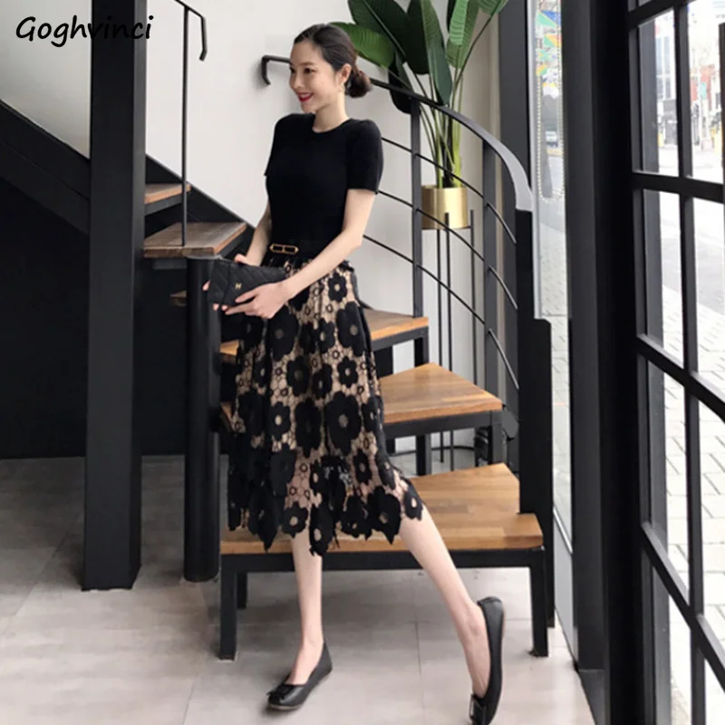 

Skirts Women Elegant Office Floral Hollow Out High Waist Casual Three Colors Fashion Harajuku Cozy Ulzzang Stylish Юбка Женская