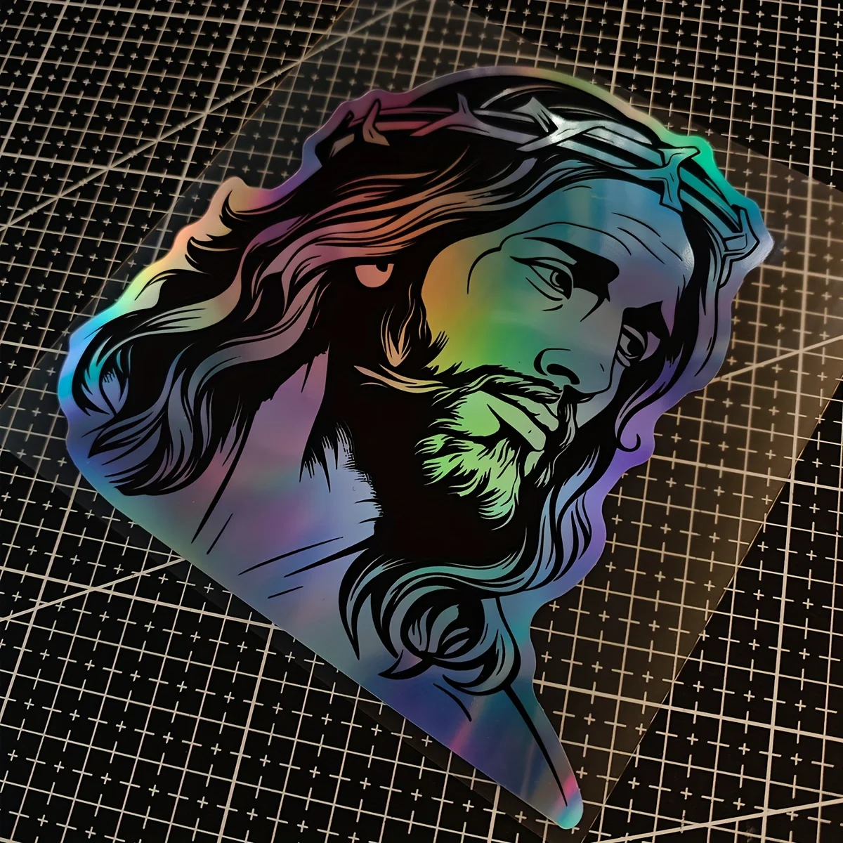 Jesus Praying Crown of Thorns Religious Waterproof PVC Vinyl Sticker, Holographic Decal for Car Motorcycle Laptop Water Bottle