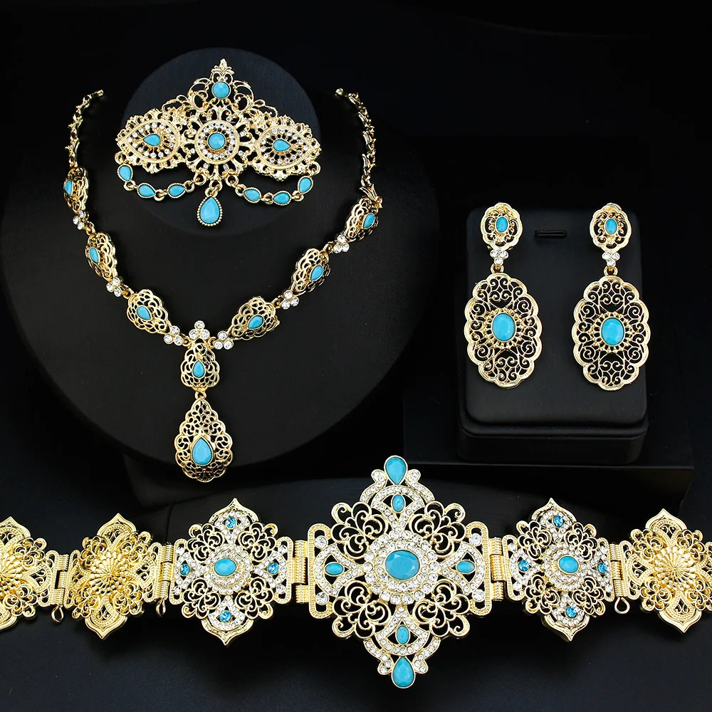 

Sunspicems Elegent Moroccan Bride Jewelry Sets Caftan Belt Crystal Brooch Choker Necklace Round Drop Earring Metal Waist Chain