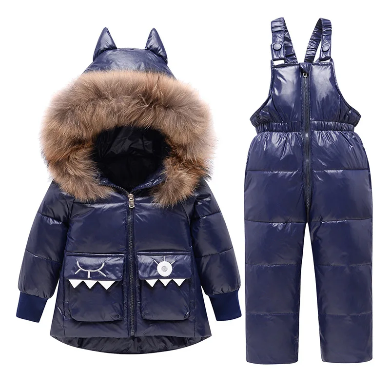

UNITIM Winter Toddler Girls Snowsuit 2PCS Cartoon Printed Real Fur Kids Baby Girls Down Jacket+infant Boys Jumpsuits Clothes Set