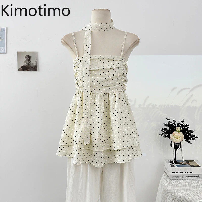 

Kimotimo Halter Ribbon Polka Dot Camisole Vest Women 2025 Aummer Sleeveless Folds Waist Slim Fit Skirt Hem Tops Sweet Chic Tanks