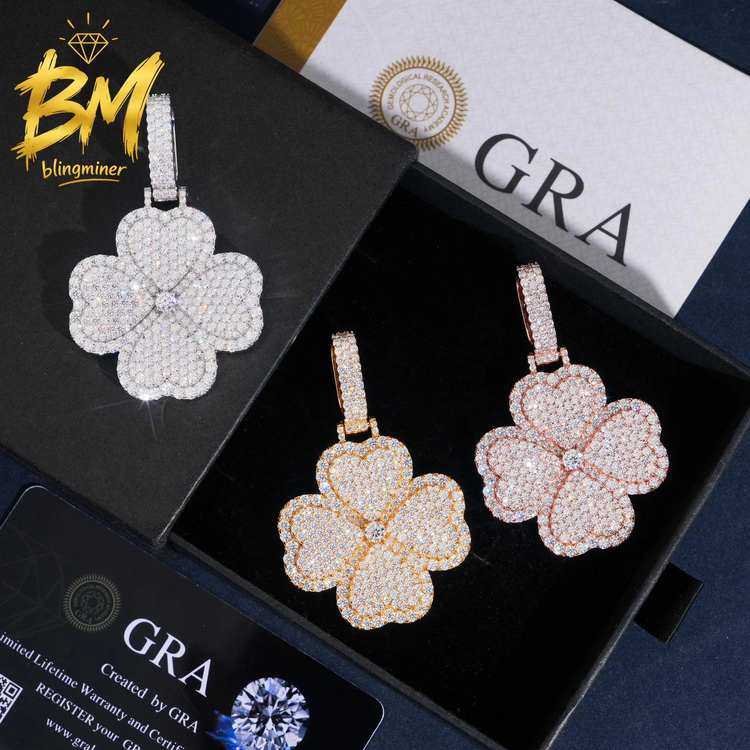 Blingminer Bling Clover VVS Moissanite Pendant For Men Women S925 Silver Pendants Jewelry Pass Diamonds Tester GRA Free Shipping