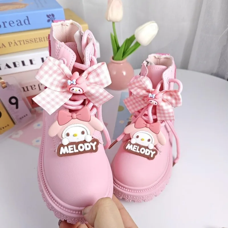 

My Melody Pendant Kawaii Sanrio Anime Casual Boots 2025 Spring Autumn Cute Children Leather Princess Shoes Gifts for Girls