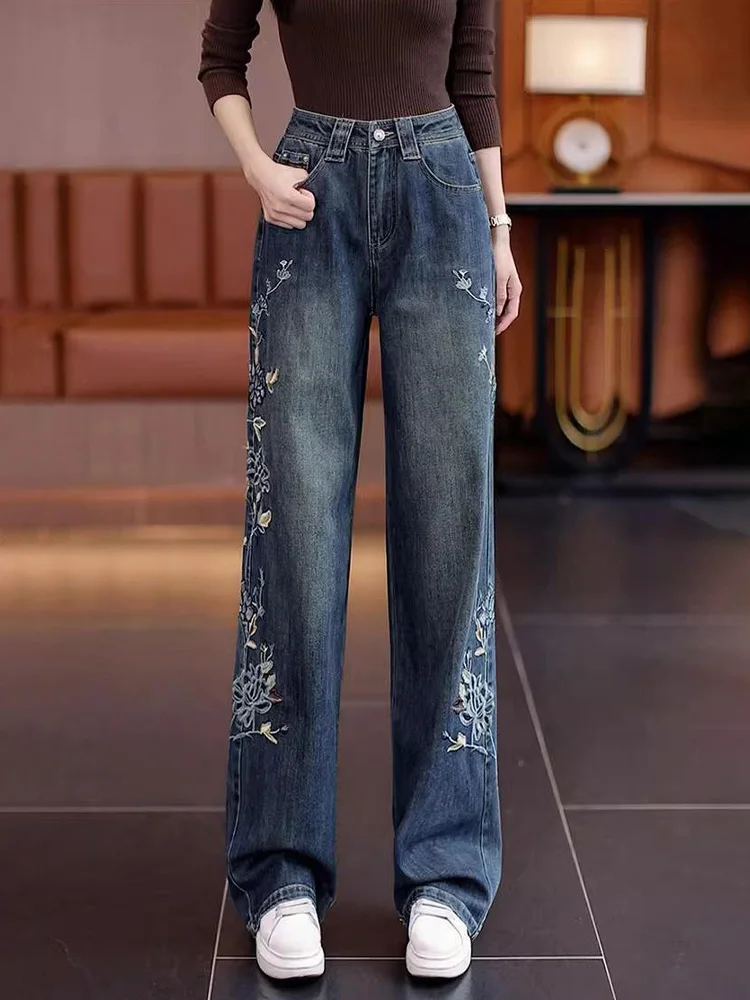 Schwere Stickerei Breite Bein Denim Jeans frauen Hohe Taille Lose Abnehmen Hosen Bodenlangen Faionable Neue Herbst Sle