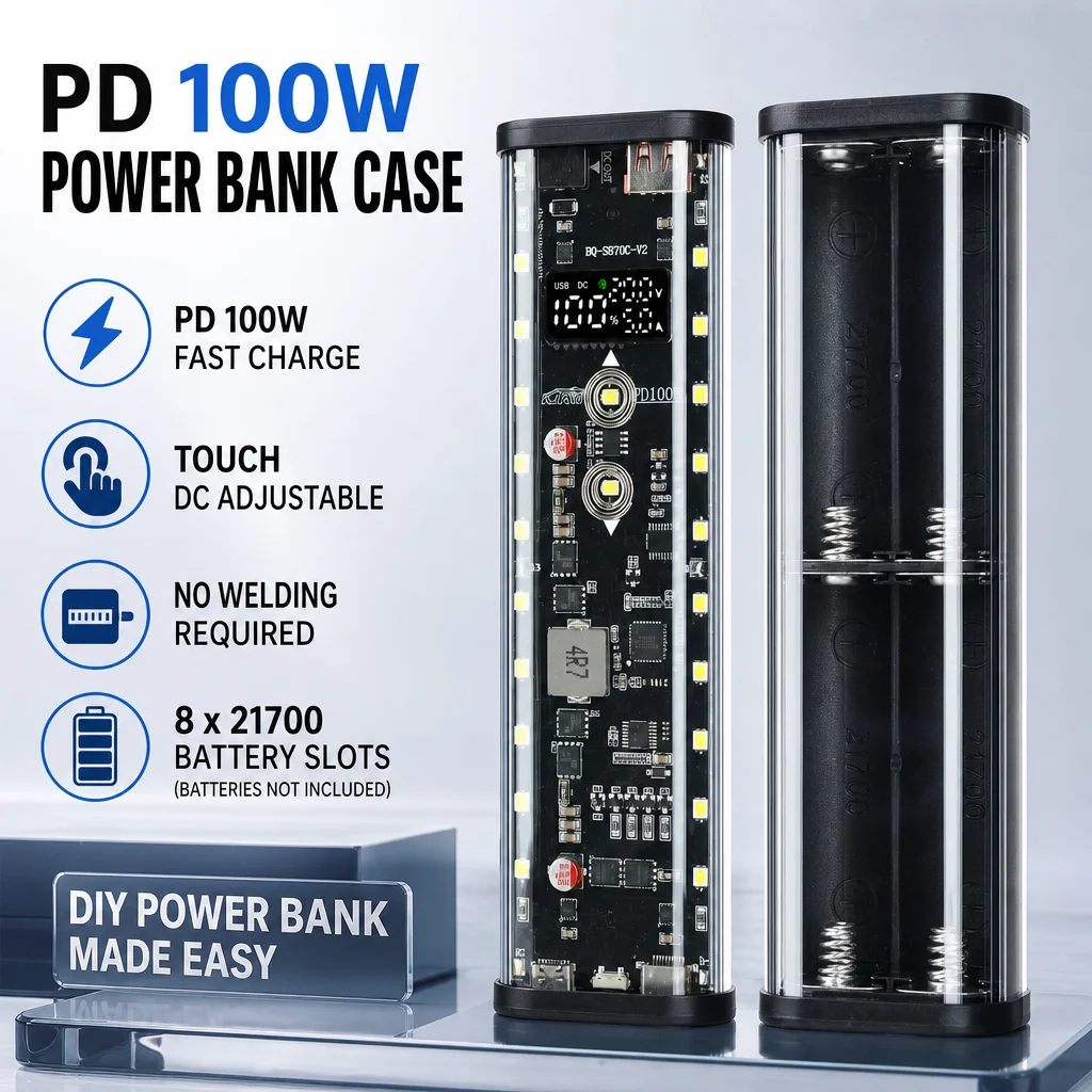 100W PD3.1 Fast Charging Battery Box Transparent Shell Touch Control Adjustable 8 Section 21700 Wireless Welding Power Bank Kit
