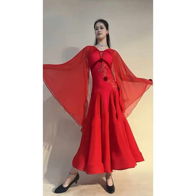 Robe de danse de valse personnalisée pour femmes, robe de concours de danse de salle de bal, longue robe rouge et blanche, Costume de danse sociale de bal L17131