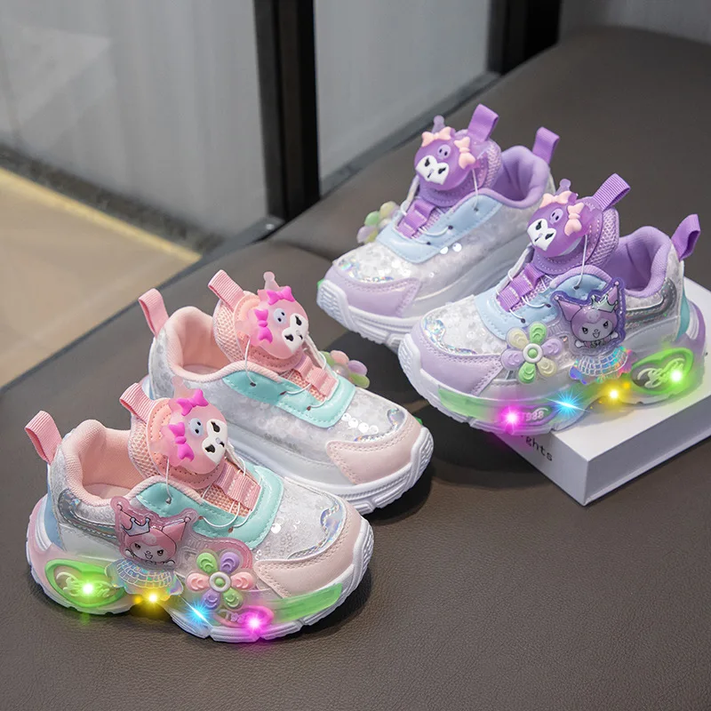 Kuromi LED Shoes Sanrio Kids Luminous Shoes Kawaii Kuromi Tennis Shoes Girls Casual Sneakers Lighted Rotating Button Shoes