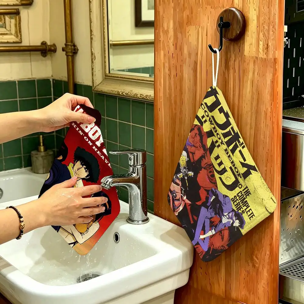Japan Anime C-Cowboy B-Bebop Polyester Cotton Hanging Hand Towel, Super Absorbent Hand Wiping Towel for Daily Household Use