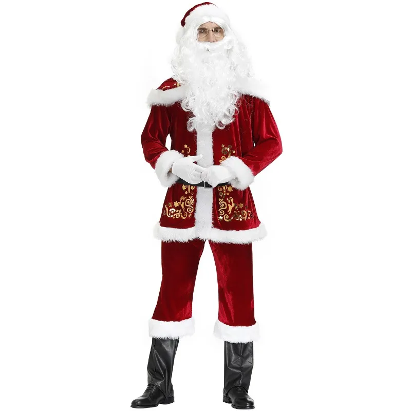 

Santa Claus Costume Warm Adult Christmas Party Outfit Red White Suit with Hat Beard Set Holiday Role Play Winter Celebration