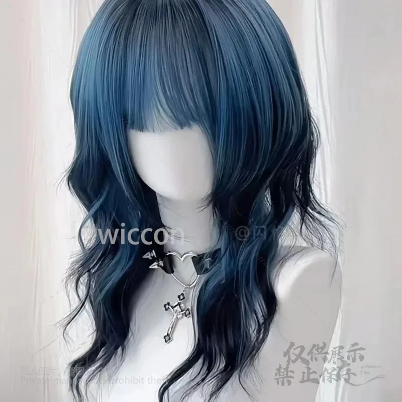 أزرق-أسود متدرج Y2K جيراي كي نمط الباروكات تأثيري حلي جديلة مقاومة للحرارة الشعر الاصطناعية موضة متوسطة الطول رقيق