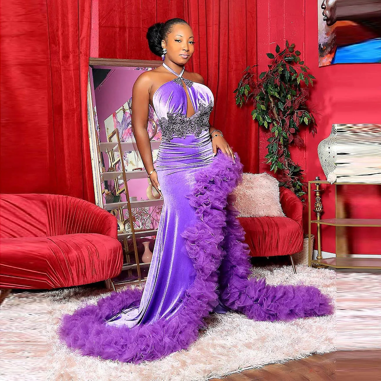 Light Purple Mermaid Halter Prom Dresses Ruffles High Slit Sexy Evening Party Dress For African Women Velvet Formal Vestidos